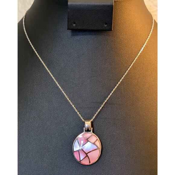 Pink Inlay Mother of Pearl Sterling Silver Necklace Signed M - Picture 1 of 9